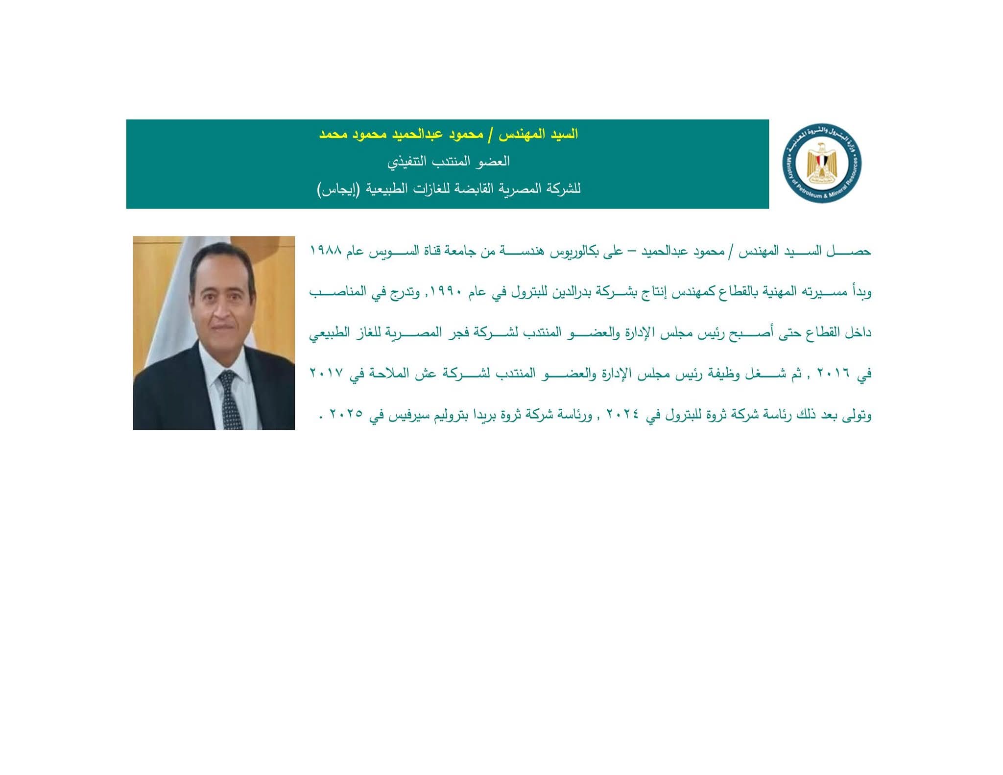 المهندس/ محمود عبد الحميد محمود محمد – عضوًا منتدبًا تنفيذيًا للشركة المصرية القابضة للغازات الطبيعية (إيجاس).