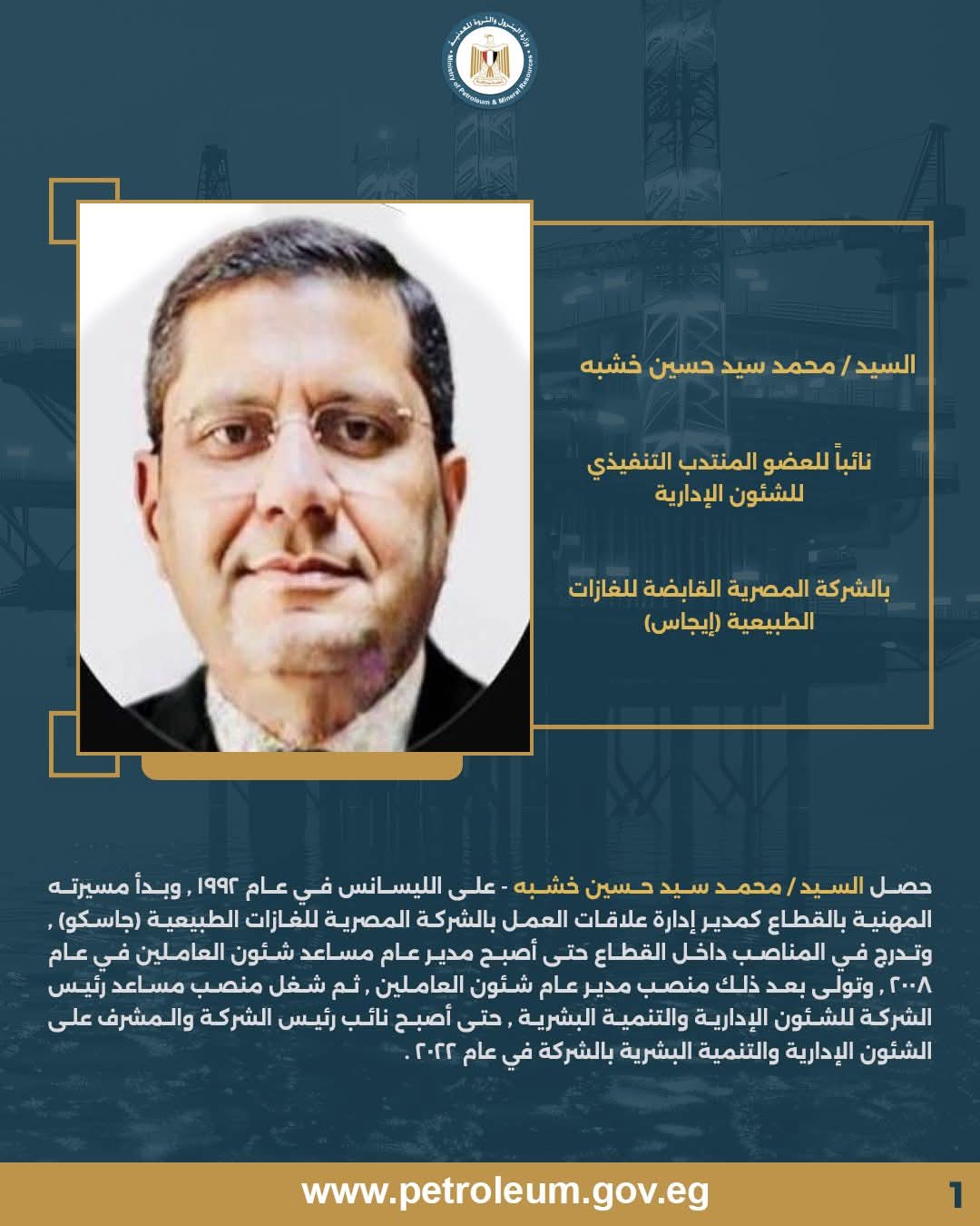 السيد/ محمد سيد حسين خشبه - نائب العضو المنتدب التنفيذي للشؤون الإدارية بالشركة المصرية القابضة للغازات الطبيعية (إيجاس) 