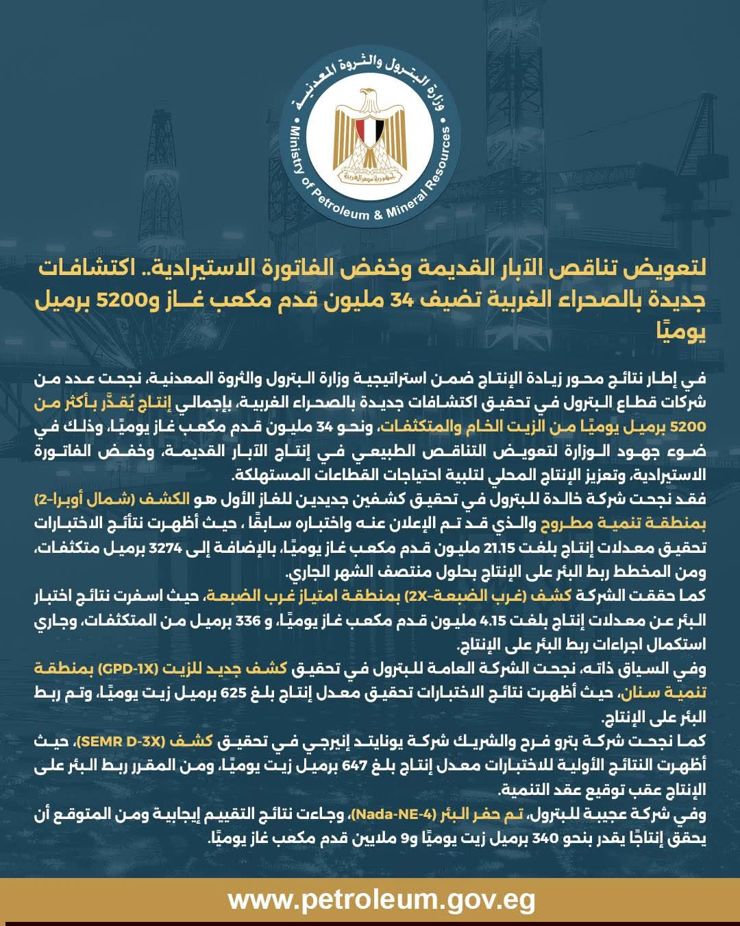 ضمن استراتيجية زيادة الإنتاج.. اكتشافات بترولية جديدة بالصحراء الغربية تعزز الإمدادات