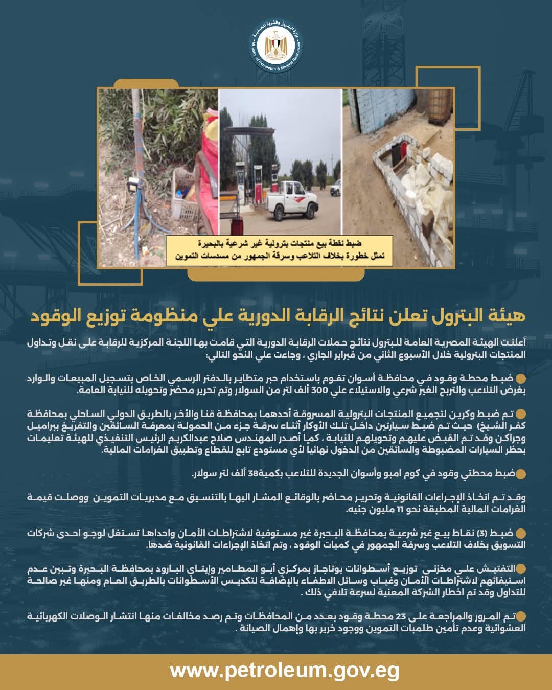 هيئة البترول تعلن نتائج الرقابة الدورية على منظومة توزيع الوقود