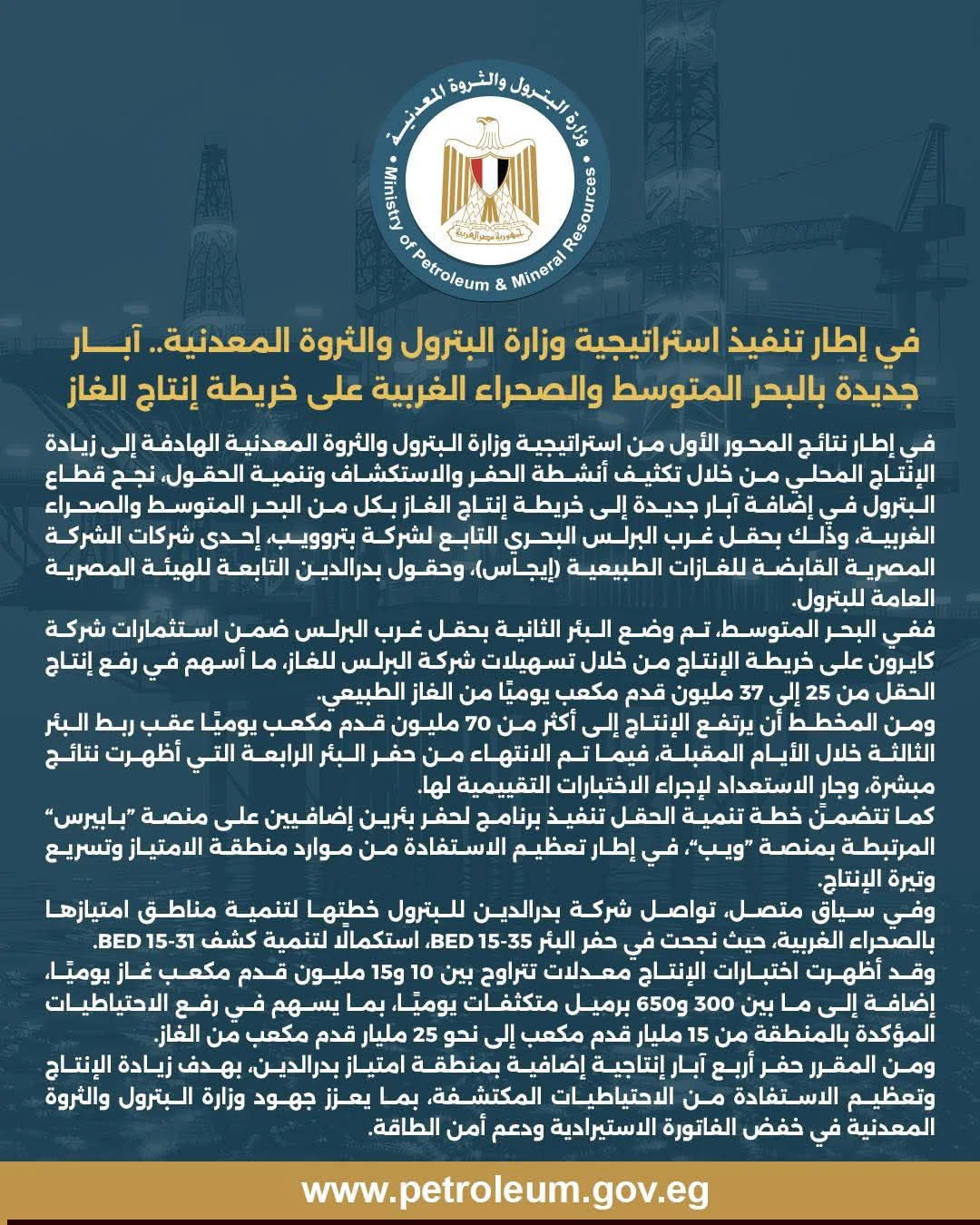 البترول تعزز إنتاج الغاز بآبار جديدة في البحر المتوسط والصحراء الغربية