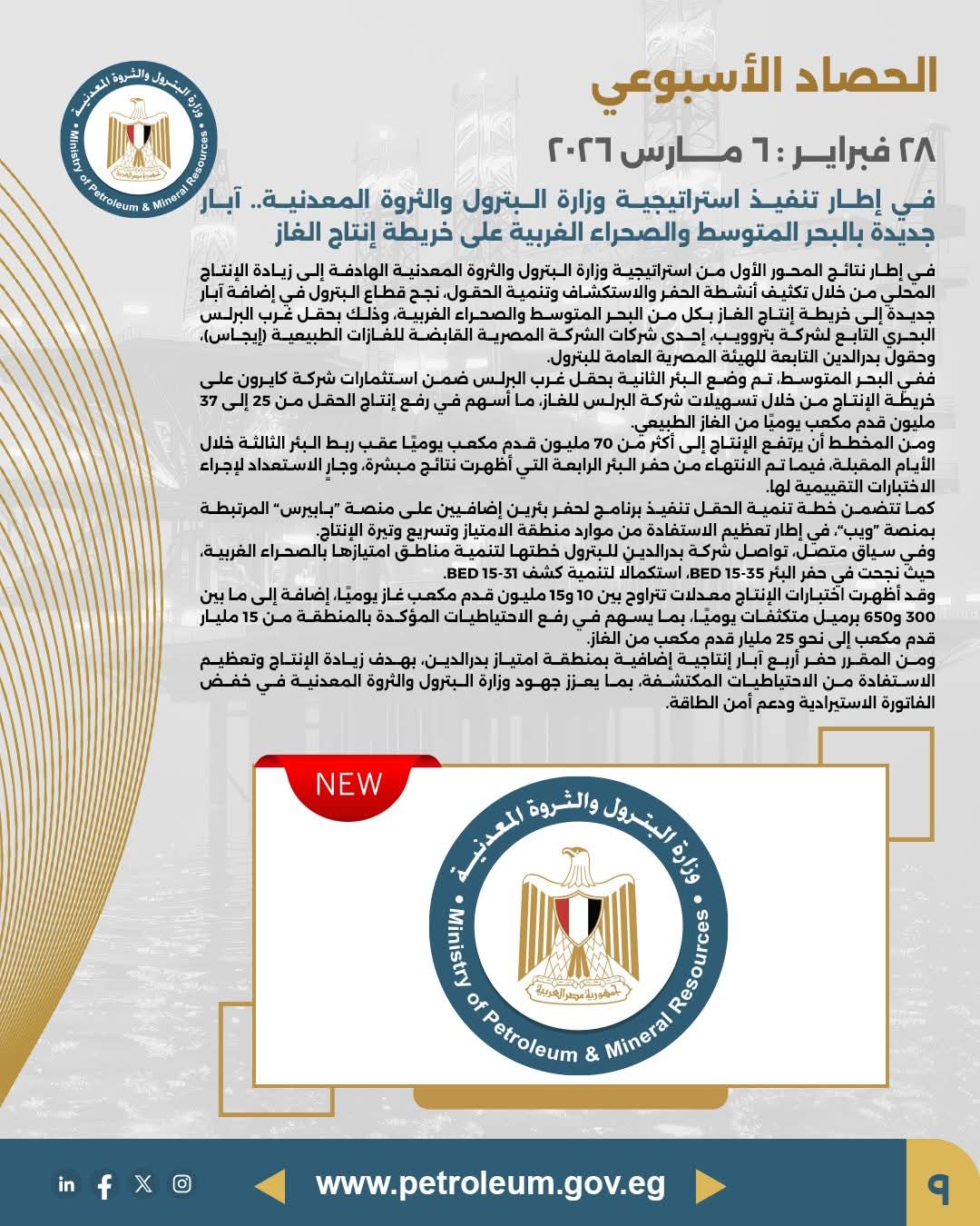 آبار جديدة بالبحر المتوسط والصحراء الغربية على خريطة إنتاج الغاز