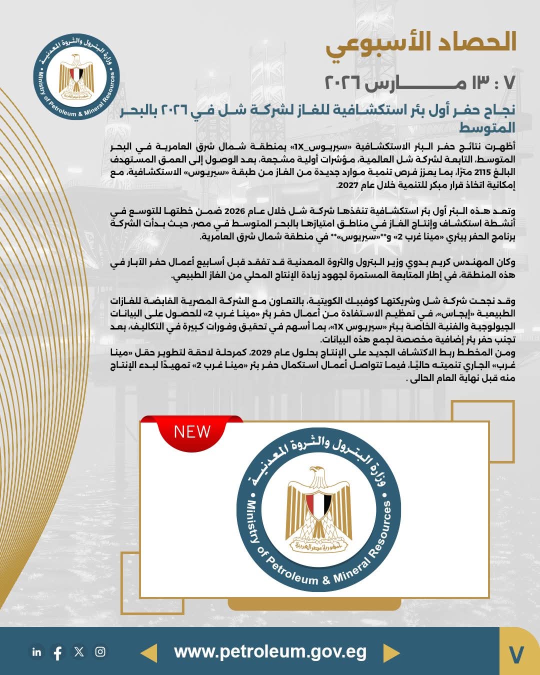 نجاح حفر أول بئر استكشافية للغاز لشركة شل في ٢٠٢٦ بالبحر المتوسط