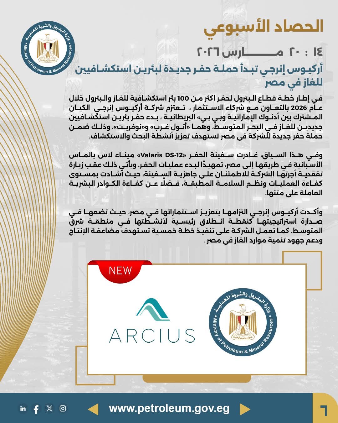 أركيوس إنرجي تبدأ حملة حفر جديدة لبئرين استكشافيين للغاز في مصر