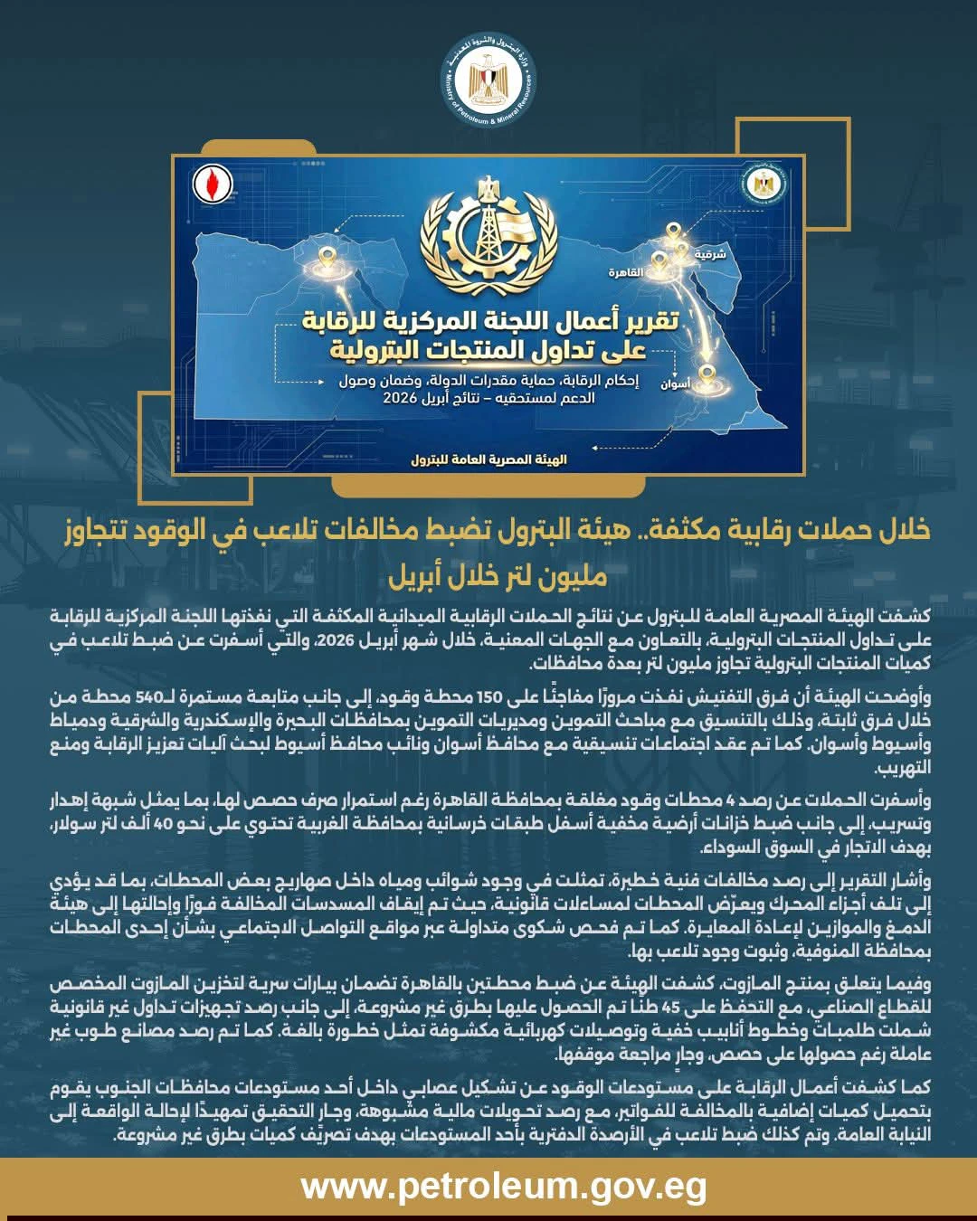 هيئة البترول تكشف نتائج حملاتها لضبط تداول المنتجات البترولية خلال أبريل 2026