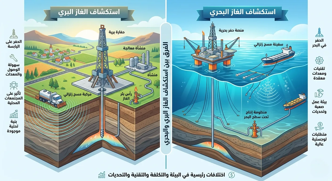 الفرق بين استكشاف الغاز البري والبحري