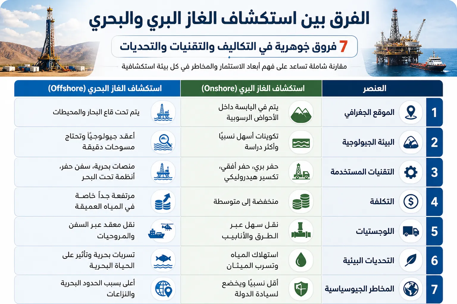 الفرق بين استكشاف الغاز البري والبحري
