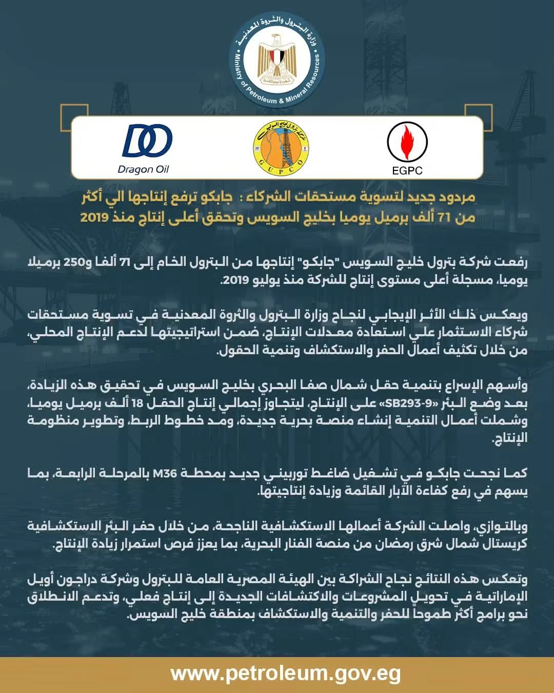 جابكو تحقق رقمًا قياسيًا منذ 2019 بعد ارتفاع إنتاج الخام إلى أكثر من 71 ألف برميل يوميًا