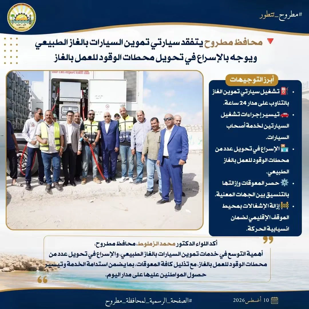 محافظ مطروح يتفقد سيارتي تموين السيارات بالغاز الطبيعي بالكيلو 2