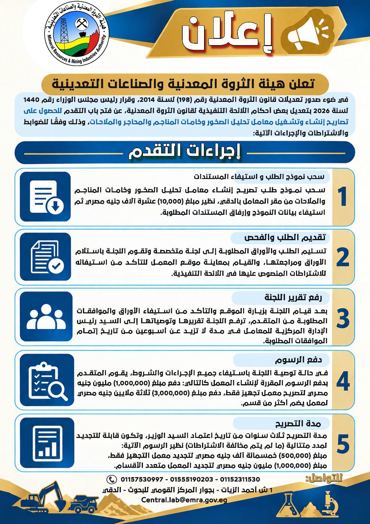هيئة الثروة المعدنية تعلن فتح باب التقدم للحصول على تصاريح إنشاء وتشغيل معامل تحليل الخامات